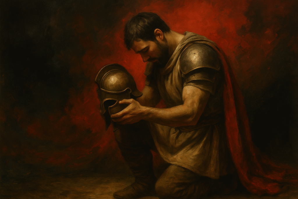 Humility and Servanthood Core Values of Biblical Manhood image of a warrior kneeling in humility with sword lowered on a red and black background