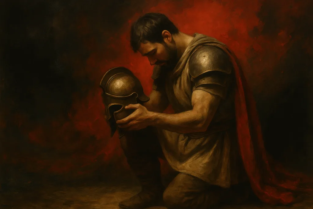 Humility and Servanthood Core Values of Biblical Manhood image of a warrior kneeling in humility with sword lowered on a red and black background