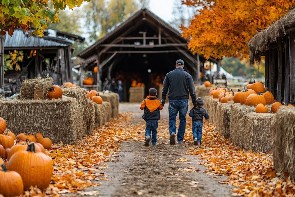 Thanksgiving in All Things father walking with his children at a pumpkin patch surrounded by fall leaves and harvest decorations
