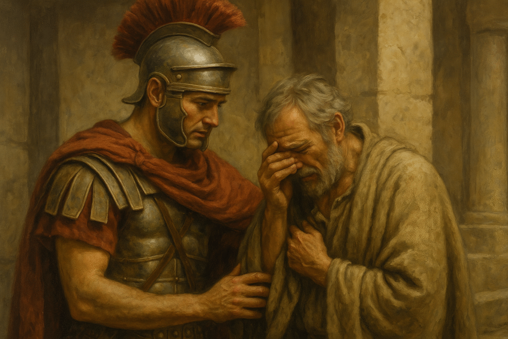 Roman soldier showing compassion to a grieving man realistic painting illustrating biblical manhood love and compassion