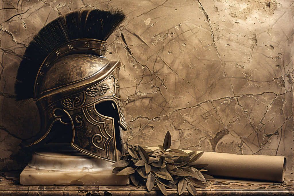Core Values of Biblical Manhood Self-Control featured image with bronze warrior helmet, laurel leaves, and scroll symbolizing discipline, strength, and restraint