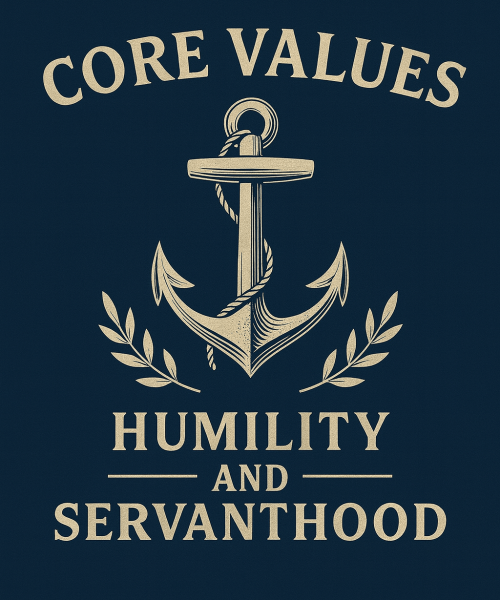 Humility and Servanthood Core Values of Biblical Manhood image with anchor and laurel on navy background